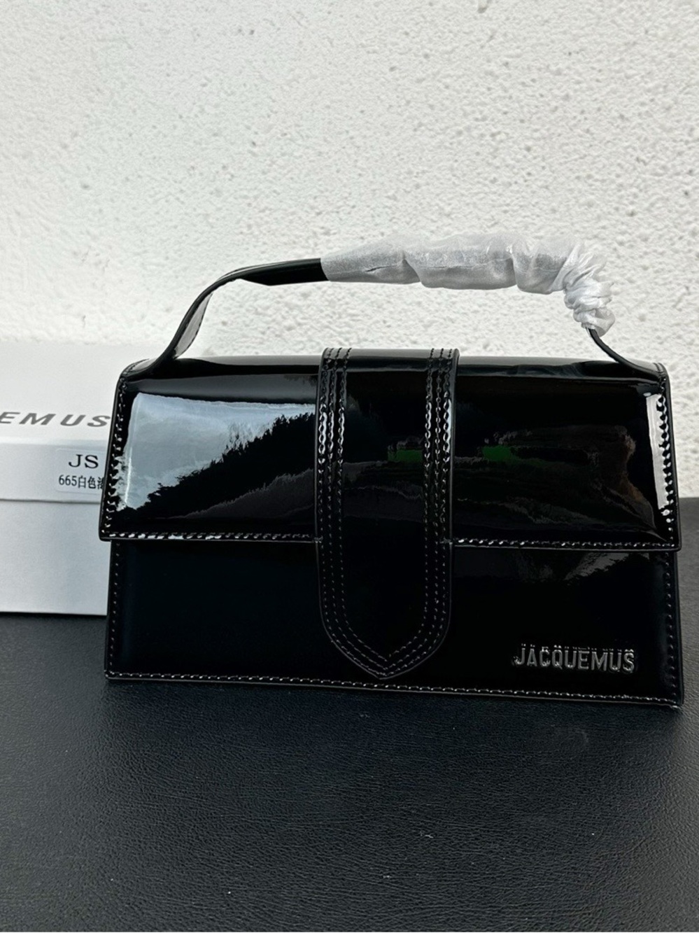 $Jacquemus Black Patent Leather Crossbody Top-Handle Bag